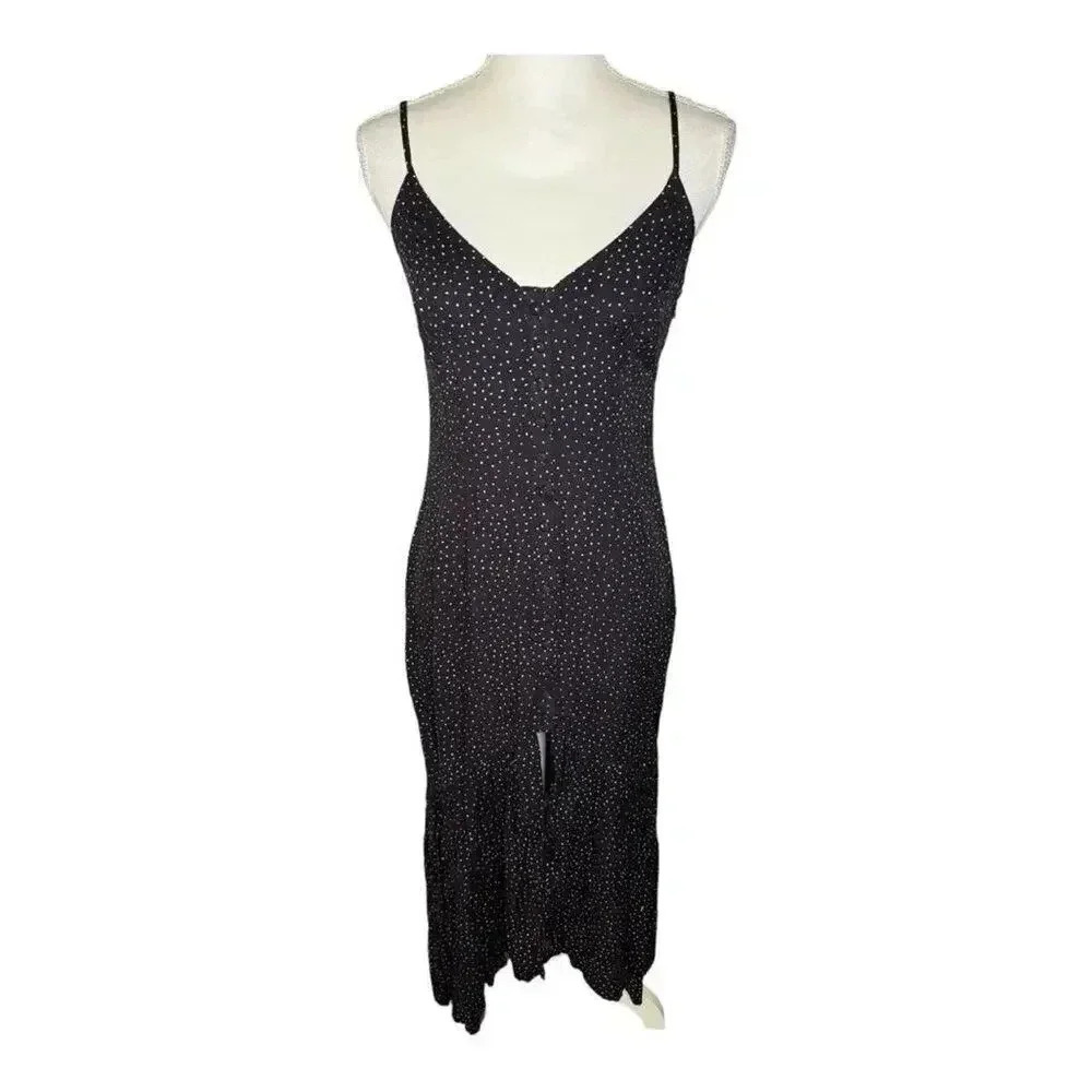 MinkPink Small Black & White Polka Dot Sleeveless V-Neck Button Front Dress